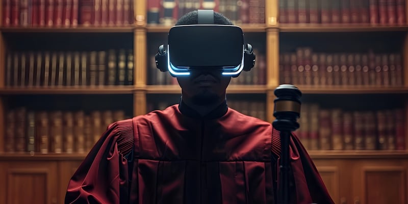 The image depicts a futuristic judge character wearing a traditional robe and presiding over virtual reality court proceedings The judge appears to be an arbiter of disputes involving digital avatars