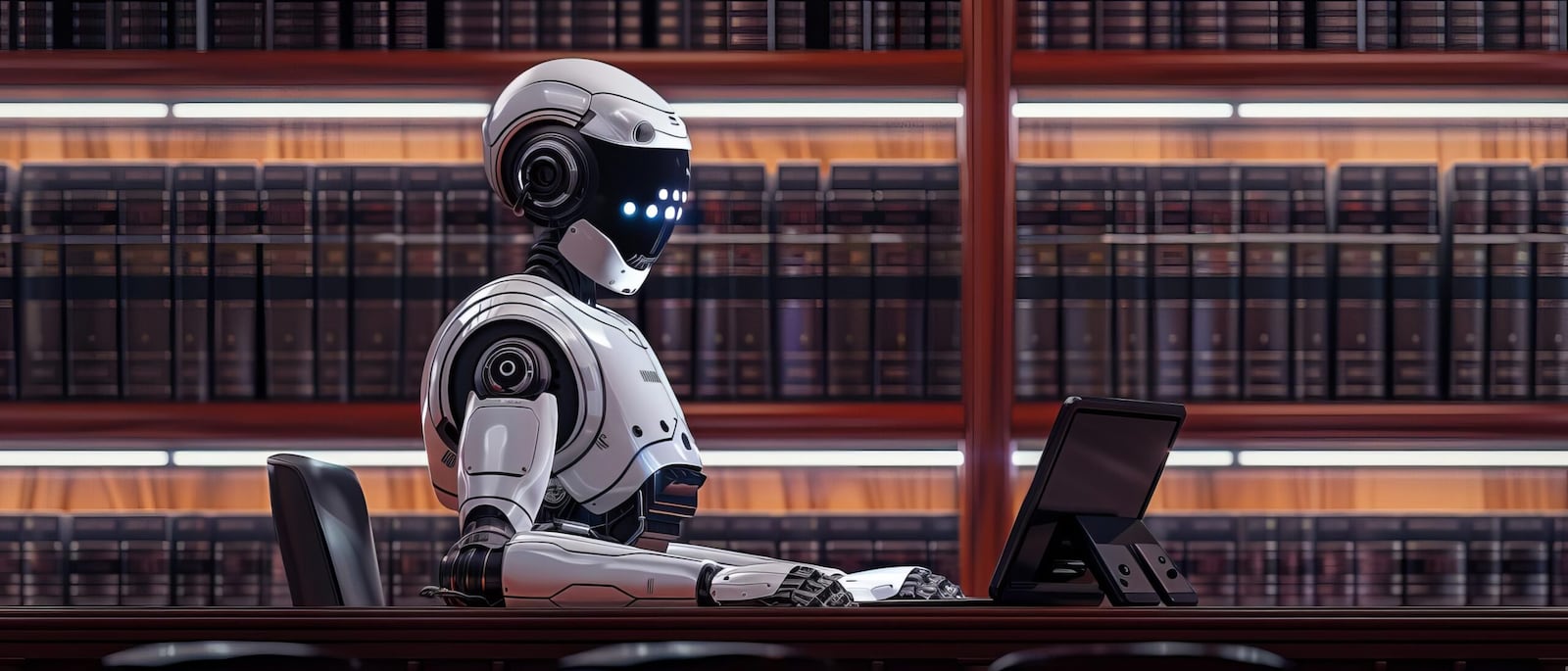 Minimalist portrayal of a legal robotic advisor in a law firm lobby, the surroundings stark to emphasize futurism