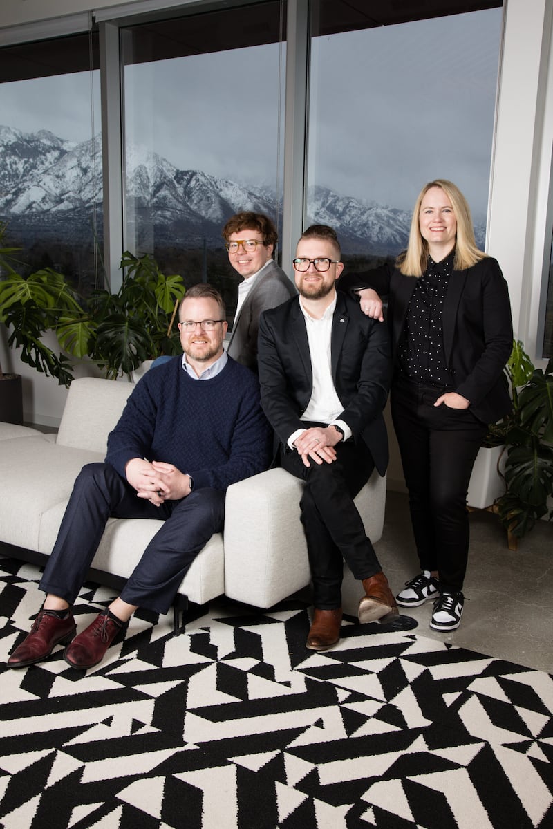The legal futurist team from left to right: Chris Smith, John Rizner, Dr. Cain Elliott, Emily Lippincott. Not pictured: Zach Brenner. | Photo by Jes Myrick Photography