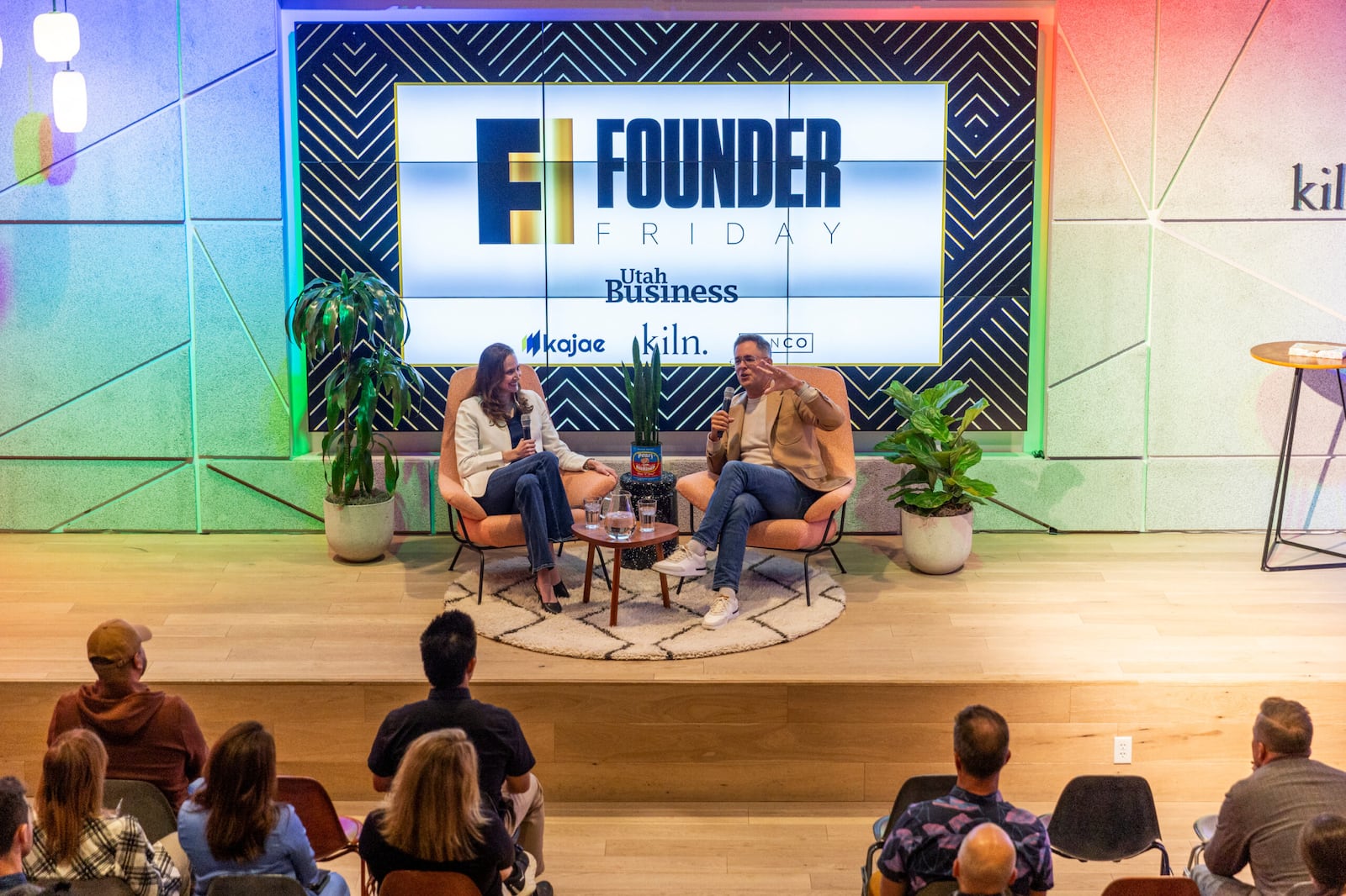 Melanie Jones moderates a discussion with Aaron Skonnard, co-founder and CEO of Pluralsight, at Utah Business's Founder Friday Series at Kiln SLC in Salt Lake City on Friday, April 19, 2024. | Photo by Marielle Scott, Deseret News