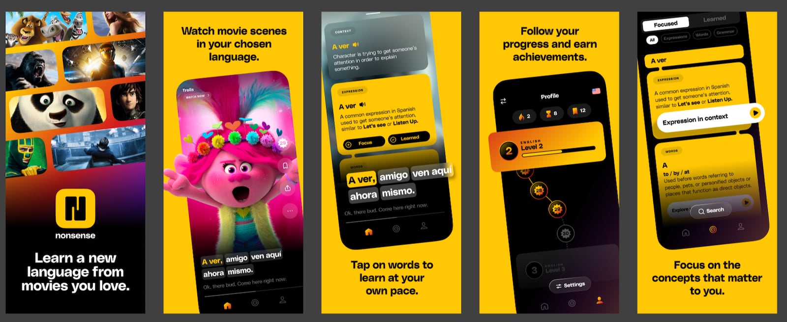 Experience optimized language learning with Nonsense, an edtech app leveraging the power of movies.