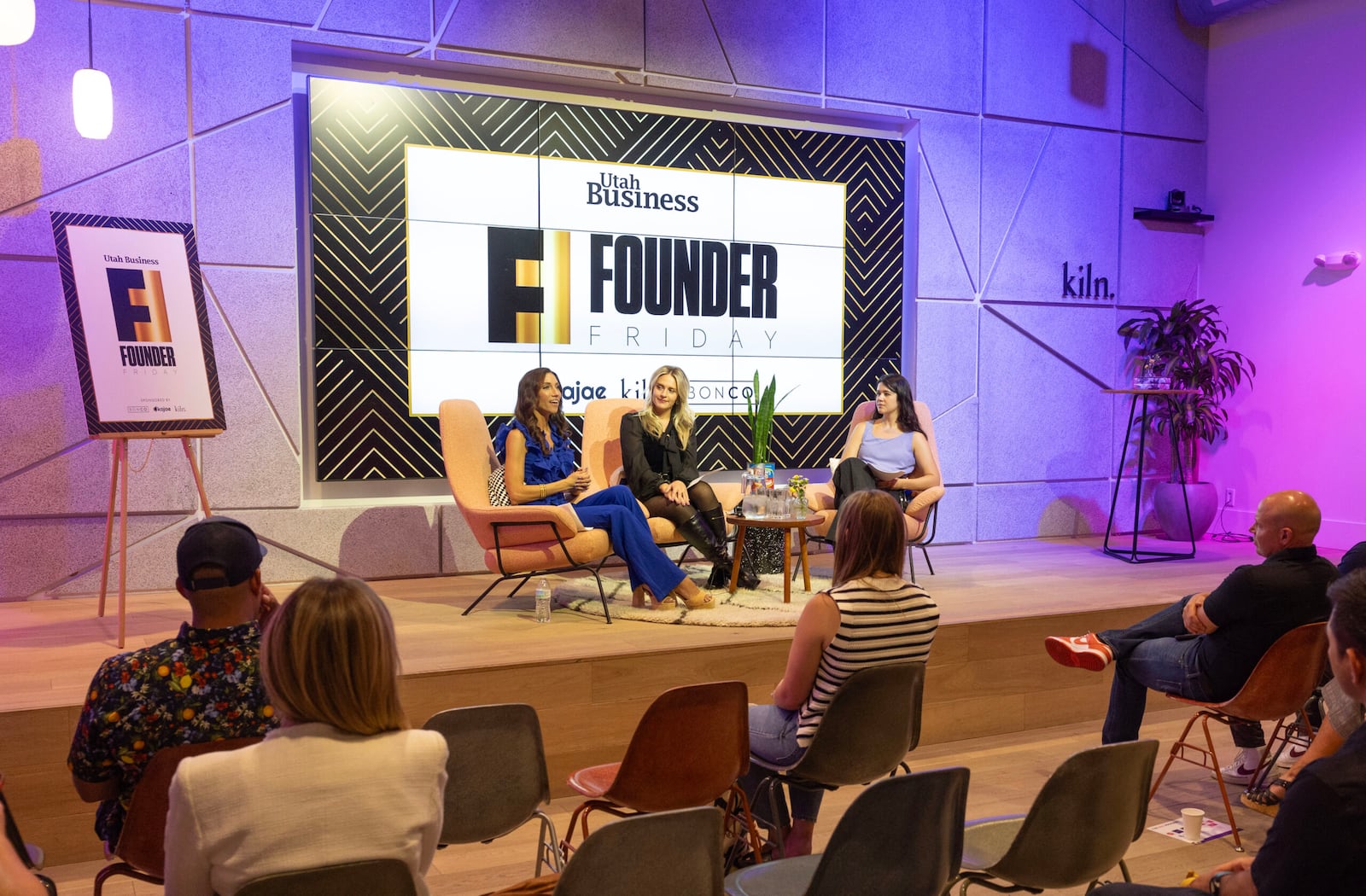 LitJoy Crate co-founders Alix Burrows and Kelly Dearth onstage with Utah Business Editor Mekenna Malan. | Photo by Brice Tucker