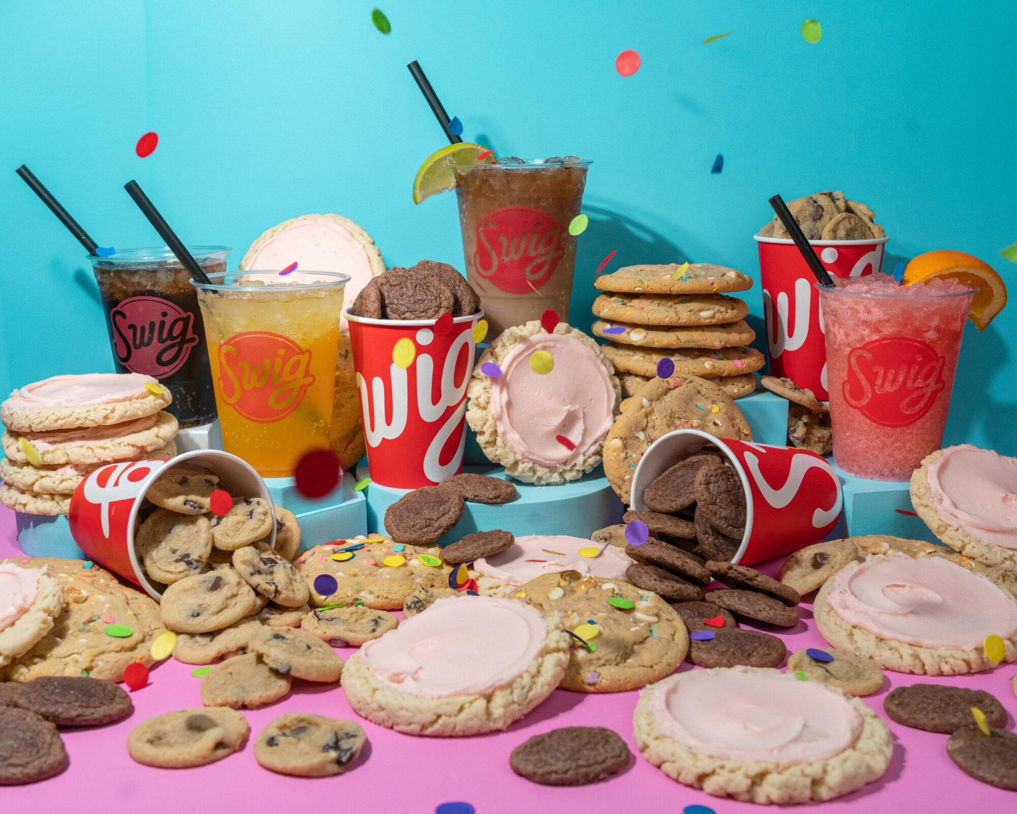 Swig drinks and cookies set up to celebrate Swig's 50th store opening