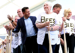 Gail Miller smiles after throwing dirt at the celebration and groundbreaking event of the new Salt Lake Bees ballpark. | Photo by Laura Seitz, Deseret News