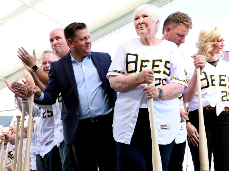 Gail Miller smiles after throwing dirt at the celebration and groundbreaking event of the new Salt Lake Bees ballpark. | Photo by Laura Seitz, Deseret News