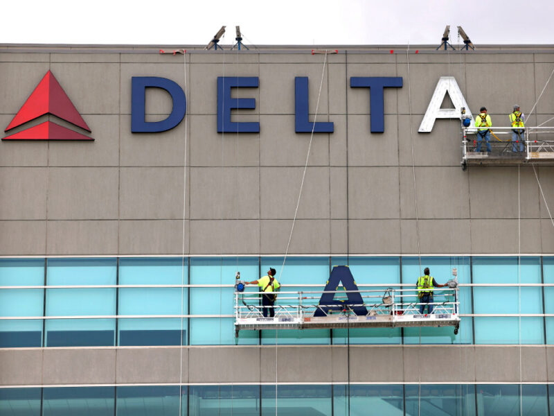 Exterior signage for the Delta Center is installed in May. | Photo by Laura Seitz, Deseret News