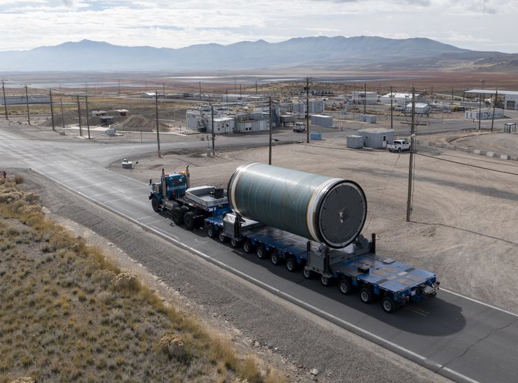 A Booster Obsolescence and Life Extension motor segment is transported to final assembly ahead of its first demonstration test scheduled for late 2024. (Photo Credit: Northrop Grumman)